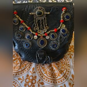 Handmade Black Leather Clutch-Rustic Beads And Charms